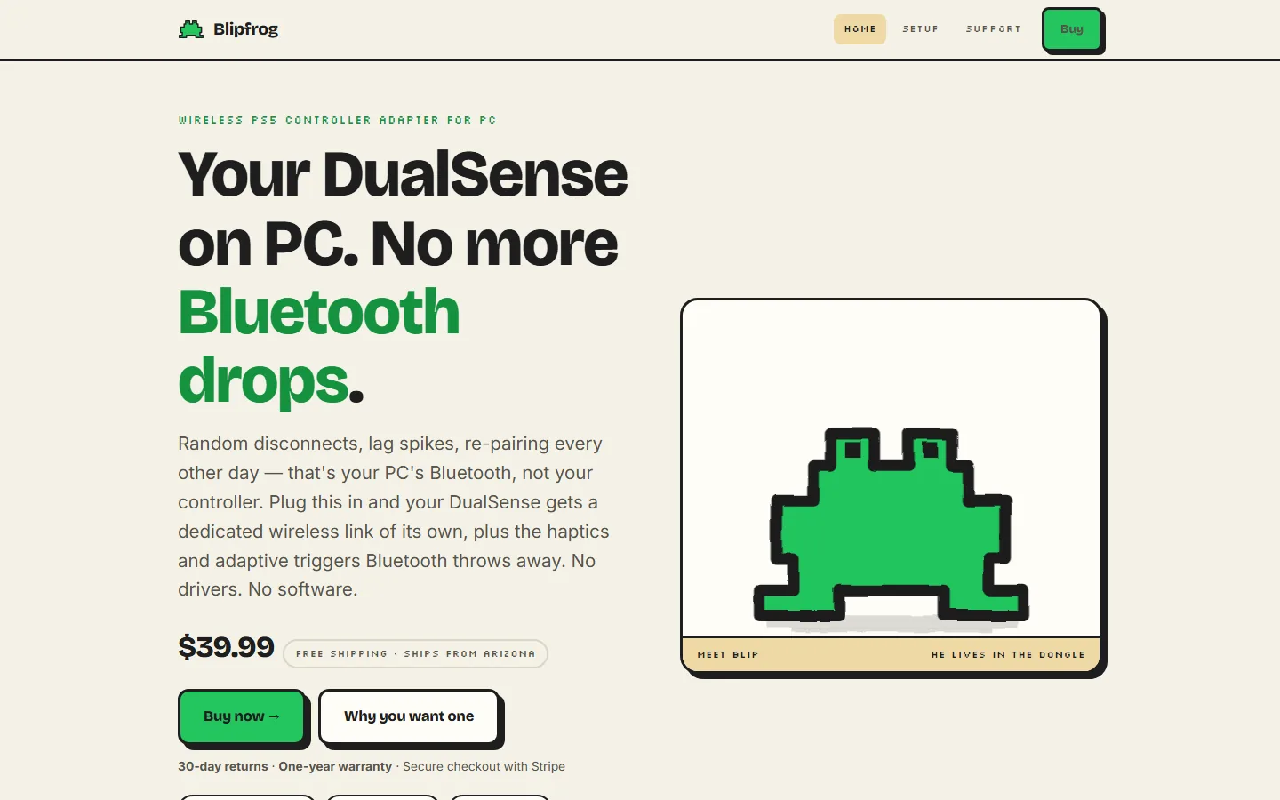 The Blipfrog homepage: &ldquo;Your DualSense on PC. No more Bluetooth drops,&rdquo; with Blip the pixel frog
